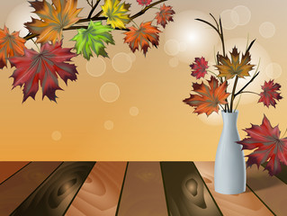  group of maple leaves in a white vase on a wooden background