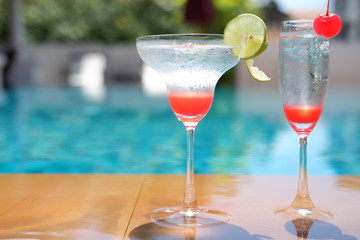 summer drinks and cocktails at swimming pool