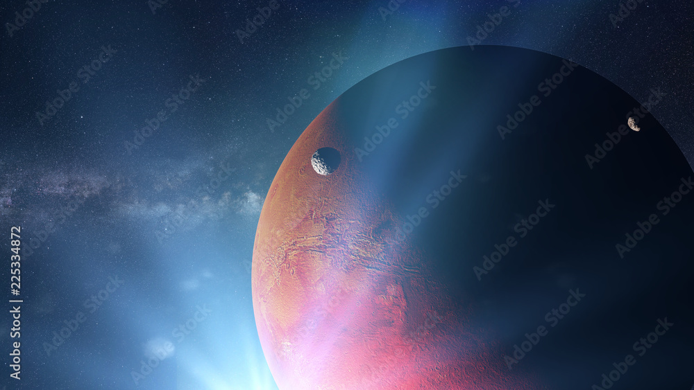 Canvas Prints red planet mars with moons phobos and deimos and the sun, members of the solar system