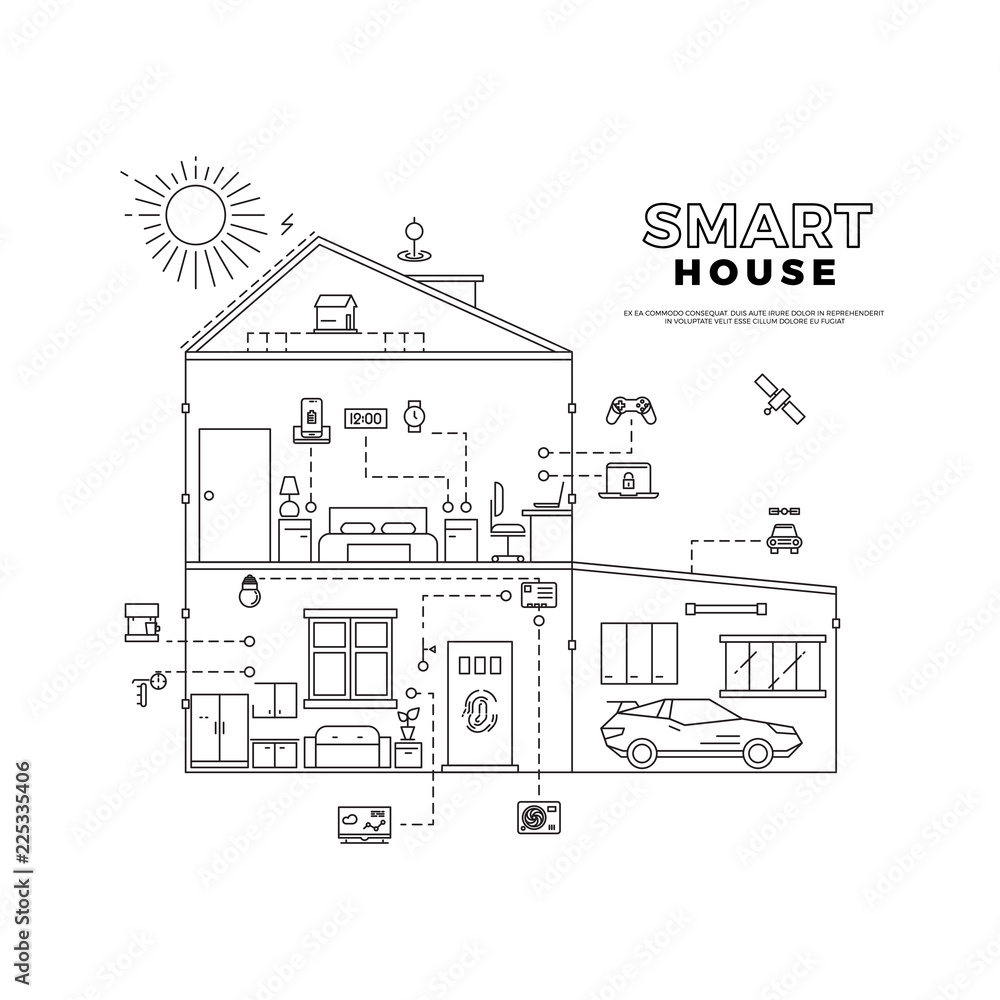 Wall mural Black outline smart house technology system project vector concept isolated on white background illustration