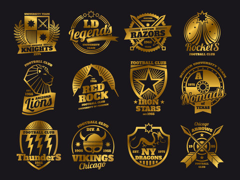 Gold school emblems, college athletic teams sports labels of collection isolated on black background. Vector illustration