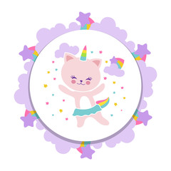 Cute happy cat banner design. Cartoon kitten with stars and rainbow isolated on white. Vector illustration