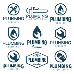 Plumbing repair banners set. Vintage plumber service badges or labels with wrench and water drop