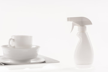 dishes cups cups of coffee and white dishwashing on white background isolate 