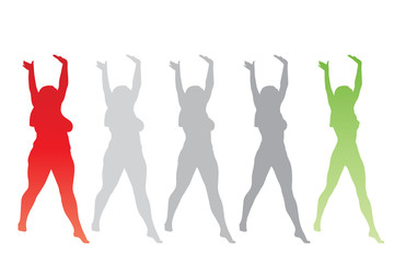 Conceptual fat overweight obese female vs slim fit healthy body after weight loss or diet with muscles thin young woman isolated. Fitness, nutrition or fatness obesity, health silhouette shape