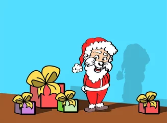 Fotobehang Kerst illustratie - De kerstman in een kleurige kamer met cadeautjes © emieldelange