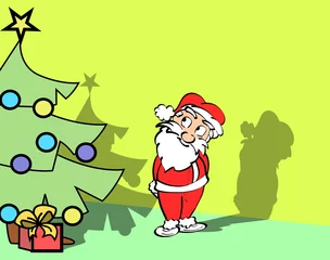 Fotobehang Kerst illustratie - De kerstman in een kleurige kamer met kerstboom © emieldelange