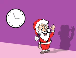 Fototapeten Kerst illustratie - De kerstman in een kleurige kamer met een klok aan de muur © emieldelange