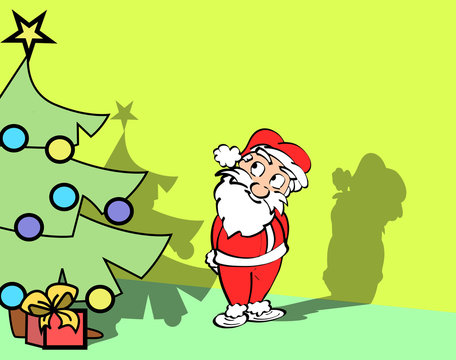 Kerst illustratie - De kerstman in een kleurige kamer met kerstboom