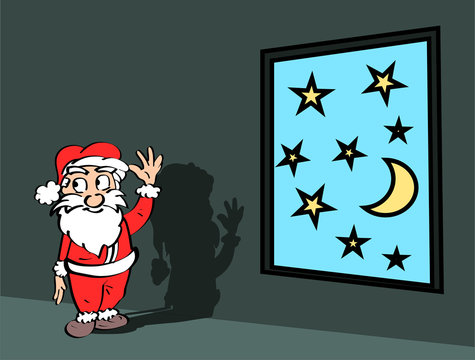 Kerst illustratie - De kerstman in een donkere kamer met een raam met sterren en mana