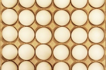 White chicken eggs in a cardboard package, top view, background   