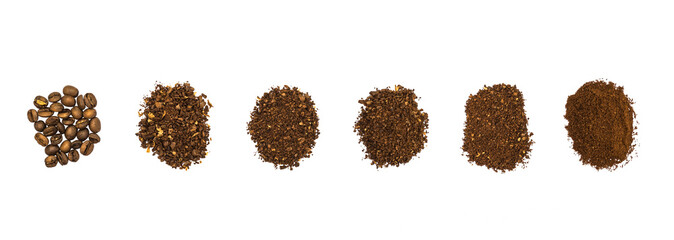 Top view of hand grounded light roasted coffee beans. Coffee grounds in many level, whole beans,...
