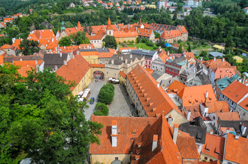 Fototapeta premium Scenic aerial view over rooftops in Cesky Krumlov, Czech Republic