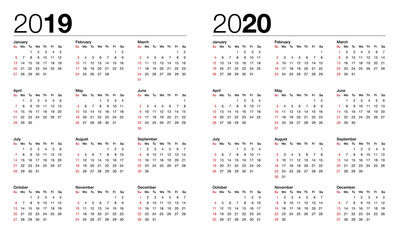 calendar for 2019 and 2020