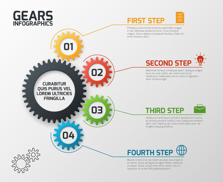 Gears Infographics. Cogs Gearing Process Planning, Timeline And Engineering Infochart With Options Vector Presentation Template. Chart Process, Infochart Data Plan Gear Illustration