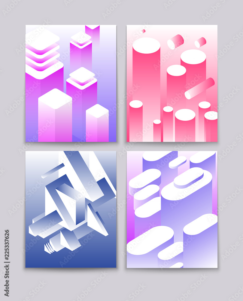 Poster abstract 3d shapes. cool gradient isometric shapes technologic futuristic backgrounds. vector modern