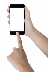 Obraz na płótnie Canvas Hand holding mobile phone on white