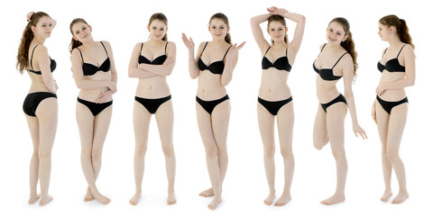 Pretty teenage girl in bikini as a photomontage with different poses and emotions - obrazy, fototapety, plakaty