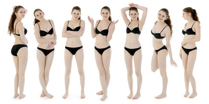 Pretty teenage girl in bikini as a photomontage with different poses and emotions