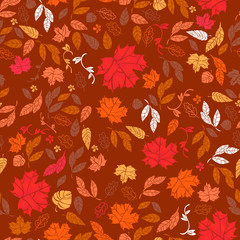 Vector seamless pattern of autumn leaves and flowers. Background for textile or book covers, wallpapers, design, graphic art, printing, hobby, invitation.