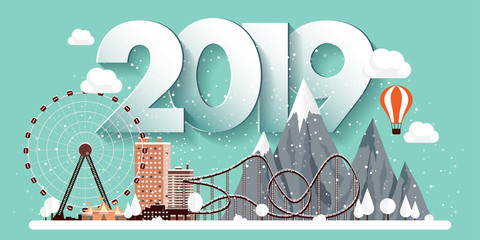 Vector illustration. 2019 winter urban landscape. City with snow. Christmas and new year. Cityscape. Buildings.Mountaines, nature. Ferris wheel, park.