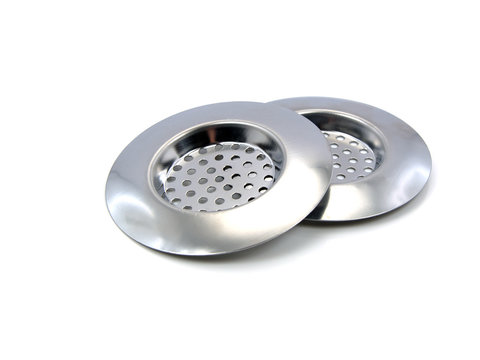 Flusensiebe f&uuml;r Waschbecken aus Edelstahl, wei&szlig;er Hintergrund