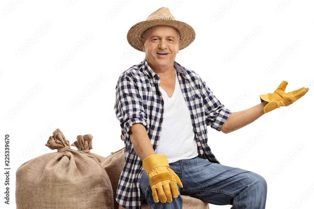 Canvas Prints Old farmer sitting on burlap sacks and gesturing with his hand