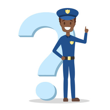 Male policeman standing at the question mark