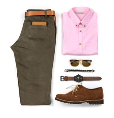 Naklejka premium Men's casual outfits for man clothing with brown shoes , watch, belt, trousers, pink shirt, sunglasses and bracelet isolated on white background, Top view