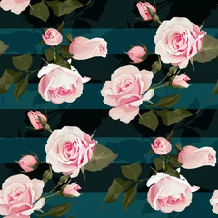 Pink roses vector seamles pattern. Realistic flowers on stripes background, floral textures