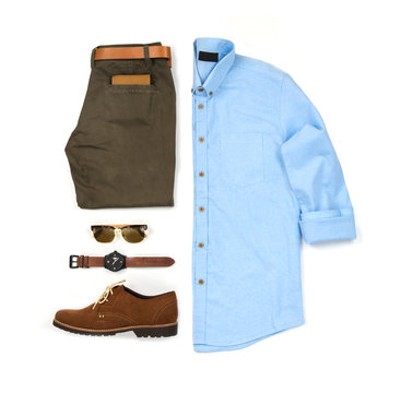 Men's casual outfits for man clothing with brown shoes , watch, belt, trousers, blue shirt and wallet isolated on white background, Top view