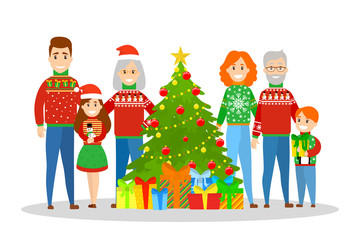 Big family standing at the christmas tree