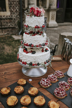 Wedding cake on table outdoors