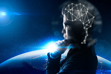 the abstract image of the businessman thinking overlay with futuristic brain hologram and element of this image furnished by Nasa. the concept of artificial intelligence, future and internet of things