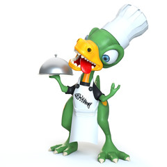 funny dinosaur cook holding food over white background