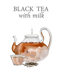 Teapot with a black tea and milk