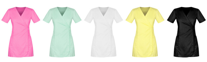 Front of lady medical uniform in five colors isolated on white background