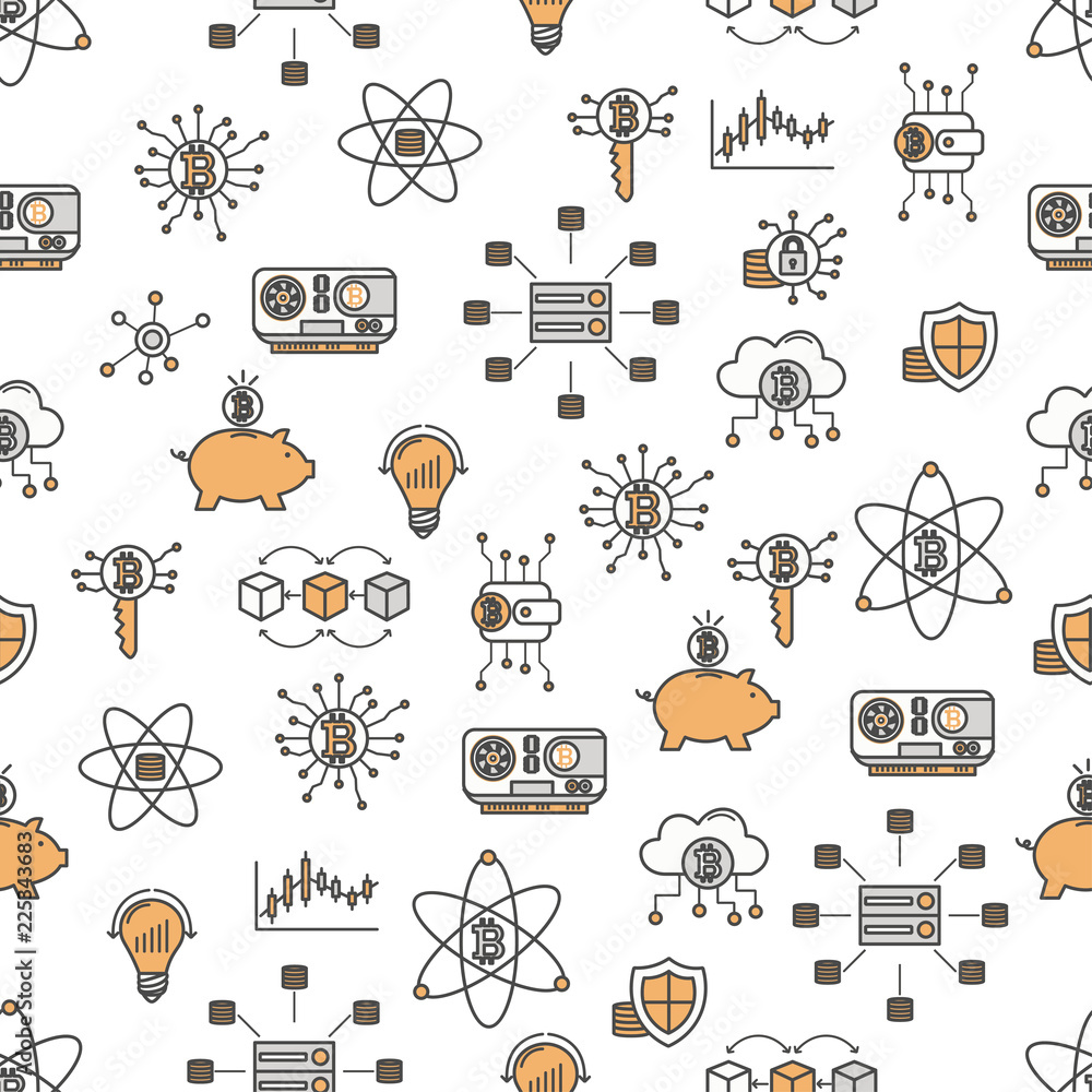 Poster Vector thin line art bitcoin seamless pattern