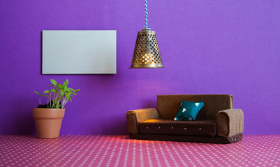 Minimalist living room furniture interior. Simple design brown sofa, flowerpot green plant and...