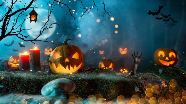 Halloween pumpkins on dark spooky forest.