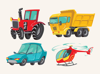 Funny cute hand drawn cartoon vehicles. Baby bright cartoon helicopter, big truck, car, and tractor. Transport child items vector illustration on light background.