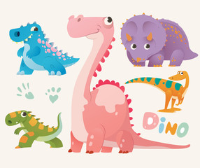 Collection of cute dino. Set 1 of colorful dinosaurios. Vector illustration.