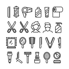 Obraz premium Hair salon icons. Beautiful hairstyle and haircut vector line symbols. Illlustration of equipment barbershop shampoo and comb, brush and scissors outline