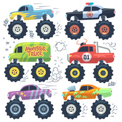 Monster cars. Cartoon cars with big wheels. Isolated vector set. Illustration of transportation monster truck collection © MicroOne