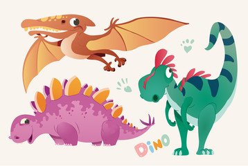 Collection of cute dino and Pterodactylus. Set 1 of colorful dinosaurios and Pterodactyl. Vector illustration