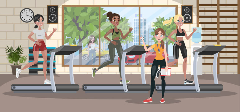 Group of women training on the treadmill