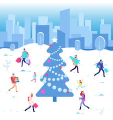 Happy christmas holiday. Winter people walking at city christmas tree. Family on winter vacation. Wintertime vector concept. Illustration of people with xmas tree