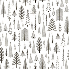 Seamless pattern of hand-drawn firs