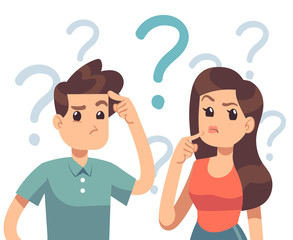 Young troubled couple. Confused woman and man thinking together. People with question marks vector illustration. Man and woman with question, thinking guy
