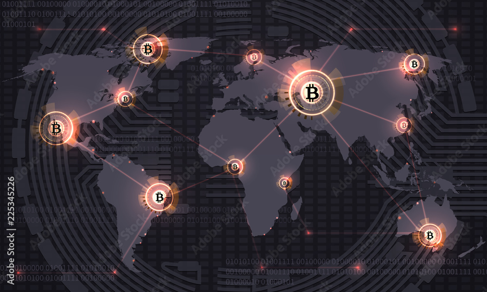Poster global bitcoin. crypto currency blockchain technology and world map. crypto currency trade vector ab